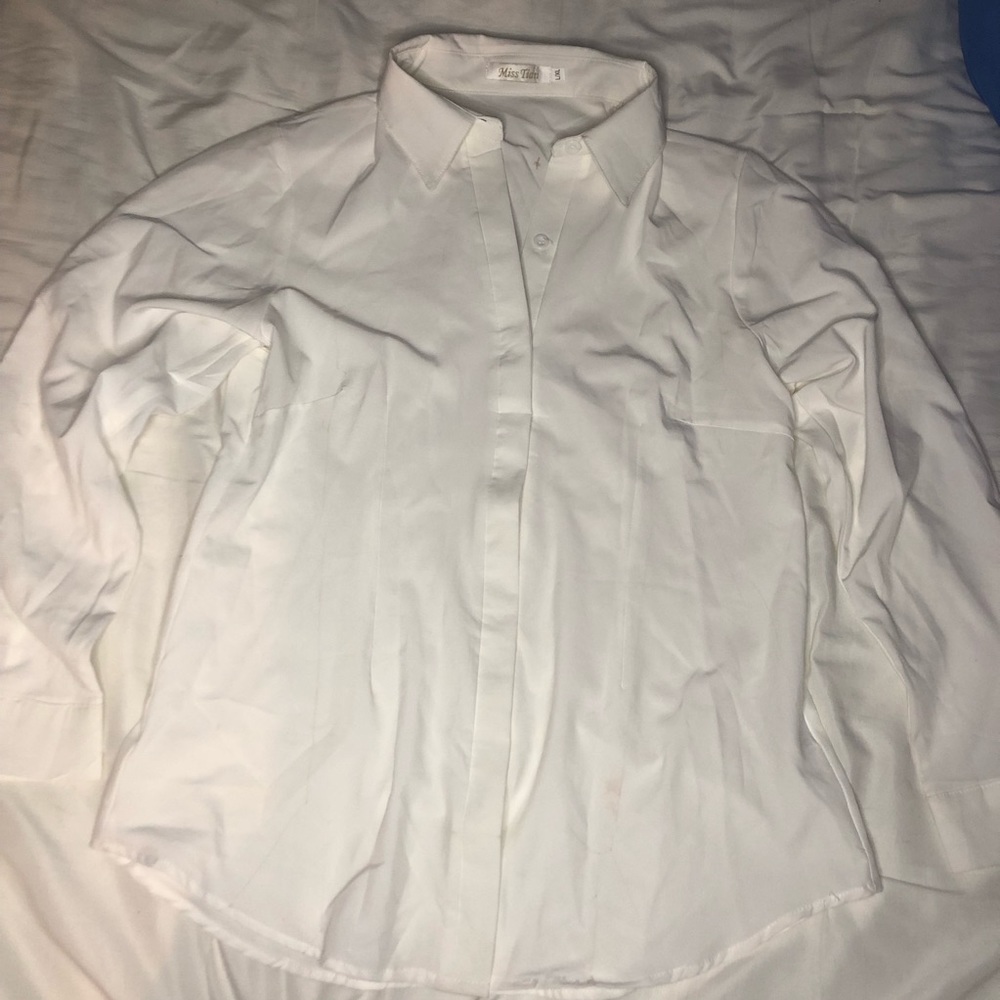 Soft, stretchy, white hidden button up with flexible collar